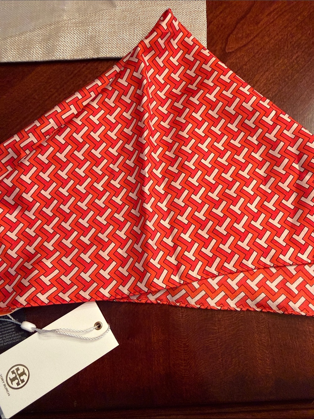 Tory Burch Red and White Geometric Silk Scarf NWT and Gift Bag - Picture 5 of 12
